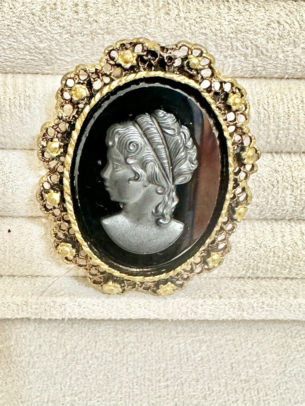 Vintage Style Left Facing Black Glass Cameo with Gold Frame